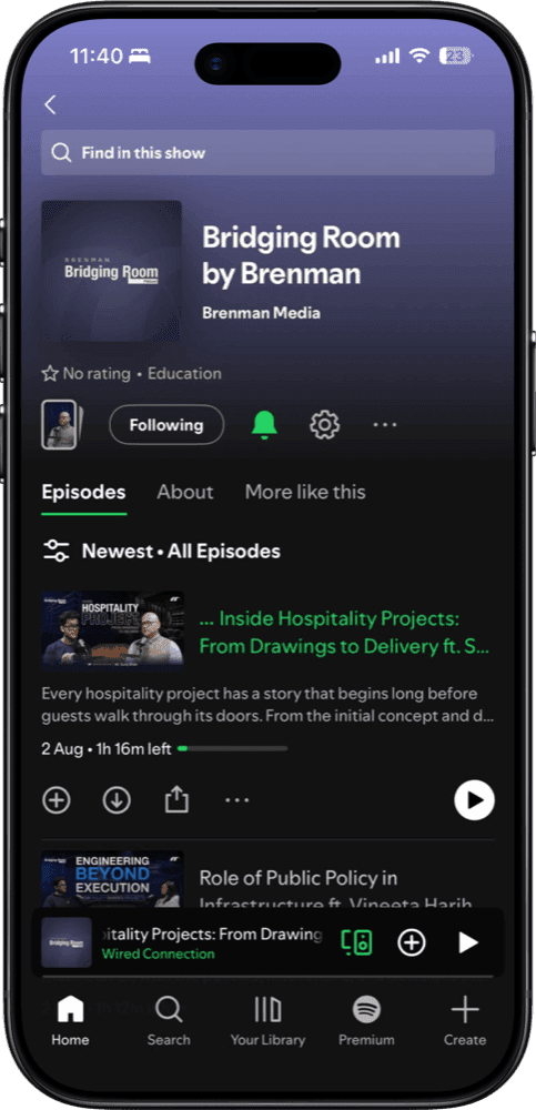 The Bridging Room Podcast show page in the Spotify app on an iPhone