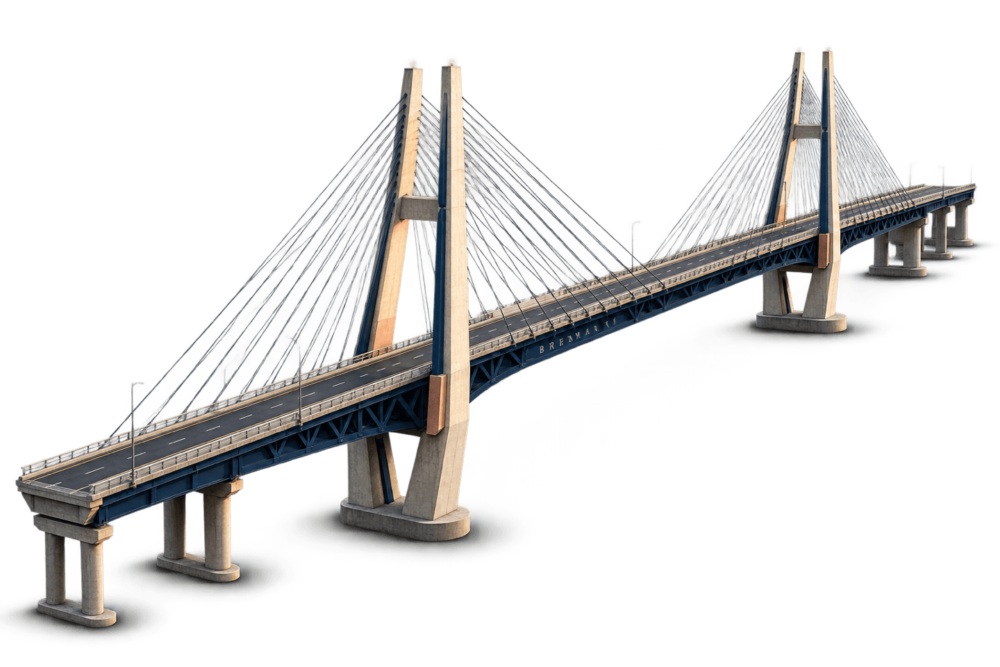 A cable-stayed BRENMAN bridge spanning between two towers.